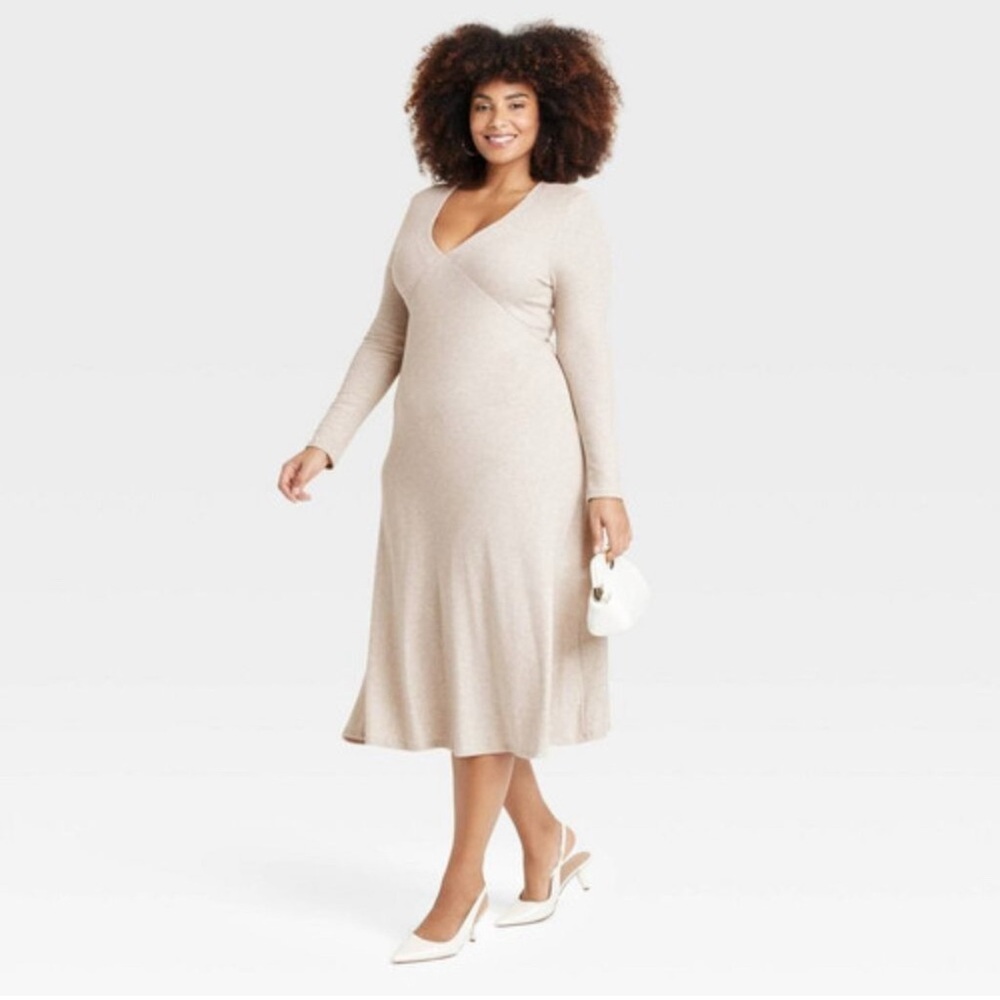 a new day Beige Long Sleeve V-Neck Midi Dress